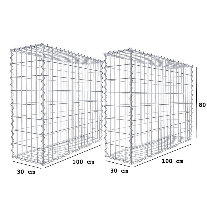 2er Set Gabionen 100 x 80 x 30 cm (L x H x T), Maschenweite 5 x 10 cm, Spiralverschluss, Drahtstärke 4,5 mm